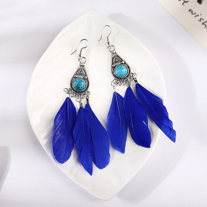 Boucles d'oreilles pendantes en plumes turquoise style bohème vintage pour femme