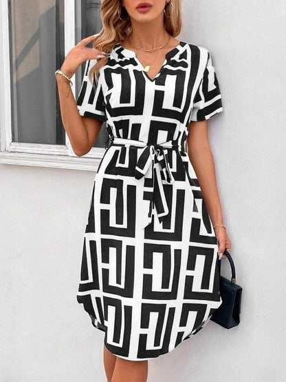 Women Fashion Casual Printed V-Neck Dress
