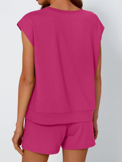 Conjunto informal de dos piezas para mujer, color liso, cuello redondo y manga corta