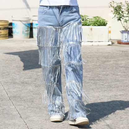 Vaqueros rectos con borlas y lentejuelas para mujer, estilo casual y creativo