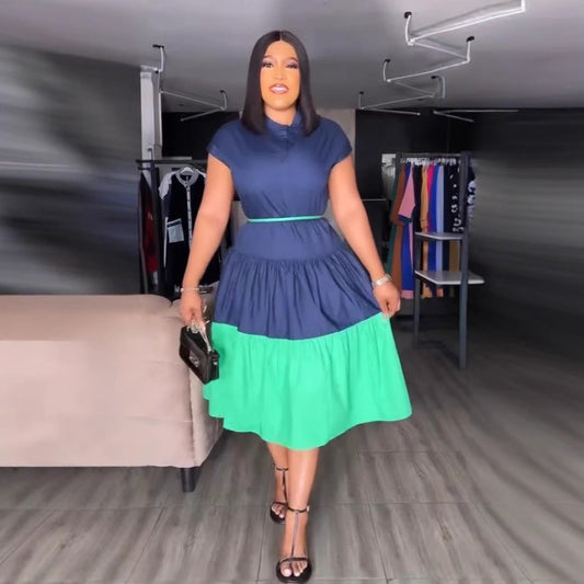Women Fashion Casual Color Block Pleated Dress