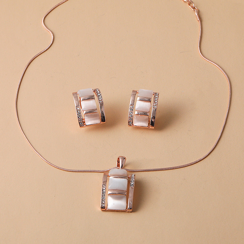 Women Fashion Long Square Cat Eye Necklace Earrings Set Alloy Trendy Jewelry