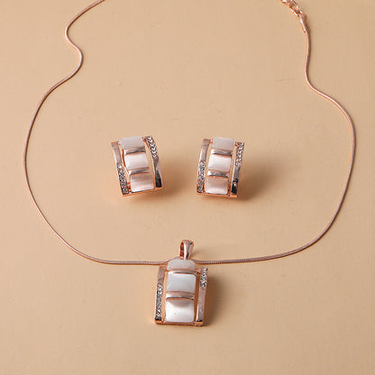 Women Fashion Long Square Cat Eye Necklace Earrings Set Alloy Trendy Jewelry