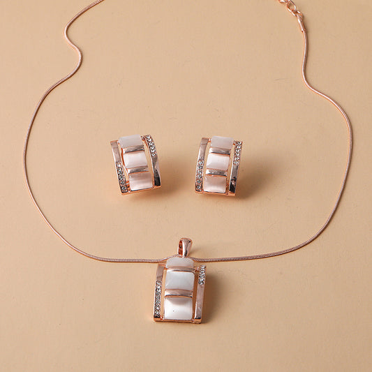 Women Fashion Long Square Cat Eye Necklace Earrings Set Alloy Trendy Jewelry