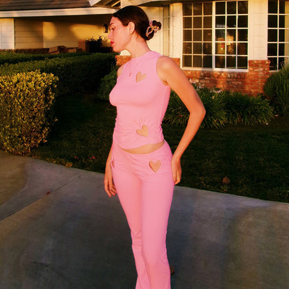 Women Fashion Solid Color Love Hollow-Out Top & Pants Set