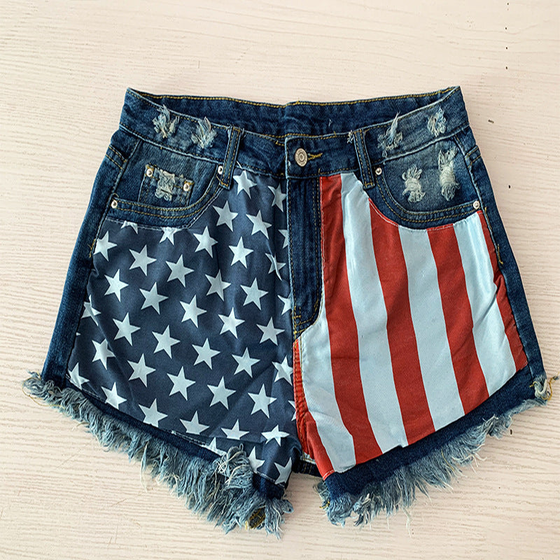 Pantalones cortos vaqueros casuales con bandera estadounidense para mujer