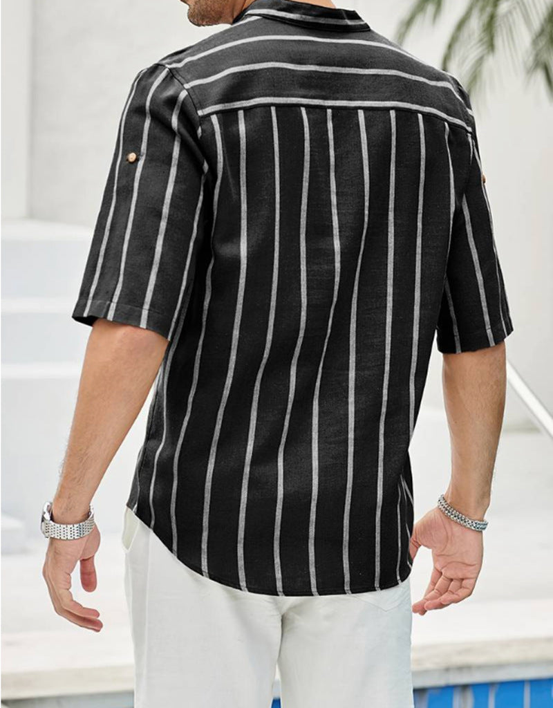 Men's Casual Linen Stripe Lapel Short Sleeve Shirt