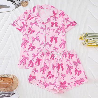 Women Pink Bow Print Lapel Short Sleeve Pajamas