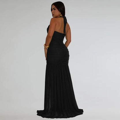 Robe élégante à dos nu plissée en maille de couleur unie pour femme