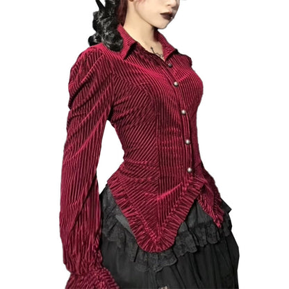 Gothic Casual Velvet Stripe Long-Sleeve Blouse