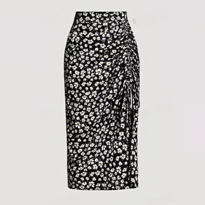Falda de cintura alta con cordón y estampado floral para mujer - Estilo elegante de largo medio