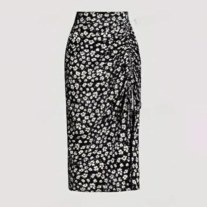 Falda de cintura alta con cordón y estampado floral para mujer - Estilo elegante de largo medio