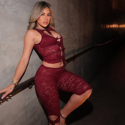 Women Fashion Sexy Solid Color Lace-Up Tank Top Set