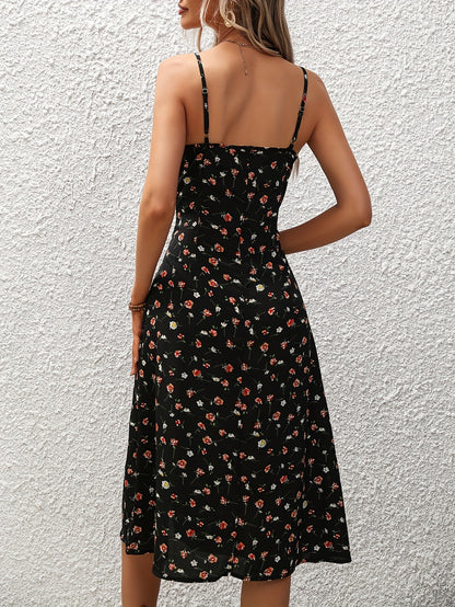 Robe ample fendue à bretelles spaghetti et imprimé floral sexy pour femme