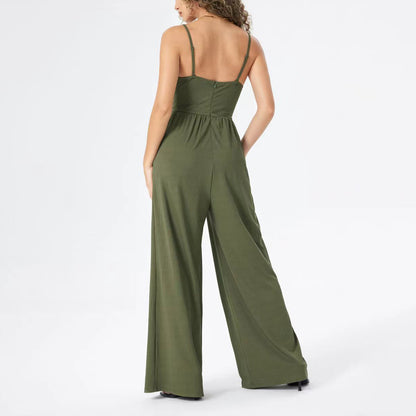 Women Casual Solid Color V-Neck Spaghetti Strap Jumpsuits