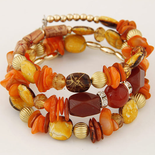 Women Fashion Boho Handmade Wooden Beaded Shell Gravel Crystal Multilayer Bracelet