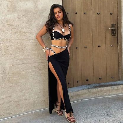 Women Fashion Sexy Contrast Color Camisole Slim Fit Split Skirt Set