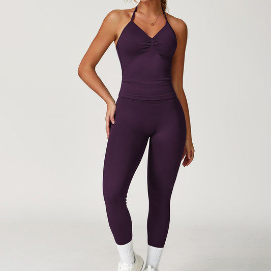 Women Fashion Solid Color Seamless Halter-Neck Set