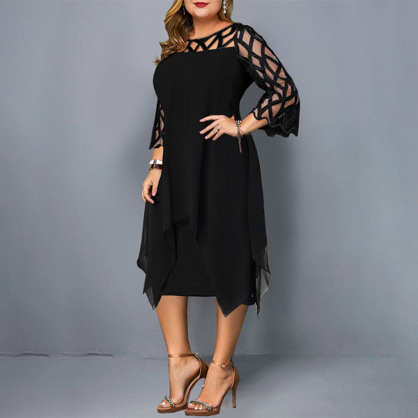 Vestido informal de gasa de manga larga con detalles de encaje para mujer, talla grande