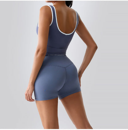 Ensemble deux pièces décontracté pour femme, débardeur contrasté et short taille haute - Yoga dos nu