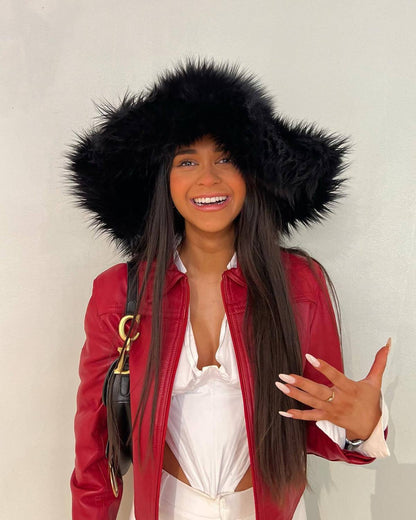 Chapeau de paille en fausse fourrure pour femme, couleurs unies