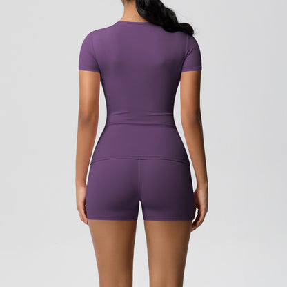 Ensemble de yoga décontracté pour femme, t-shirt à manches courtes et short moulant de couleur unie
