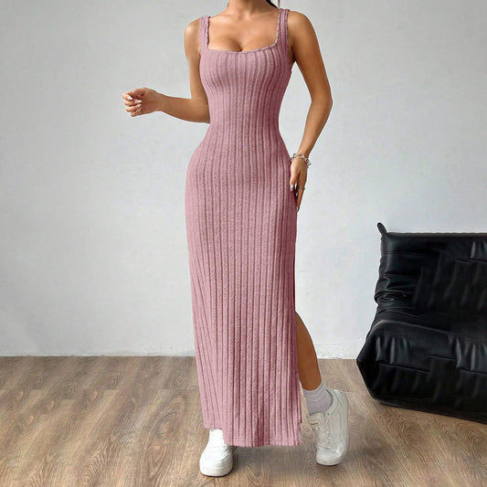 Vestido sexy de rayas verticales de color liso a la moda para mujer