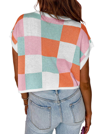 Top de punto con cuello redondo y bloques de color informales para mujer