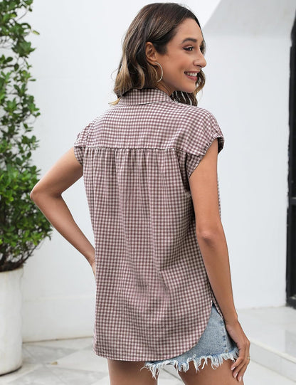 Blusa informal de manga corta a cuadros para mujer, con solapa, material: algodón y poliéster.