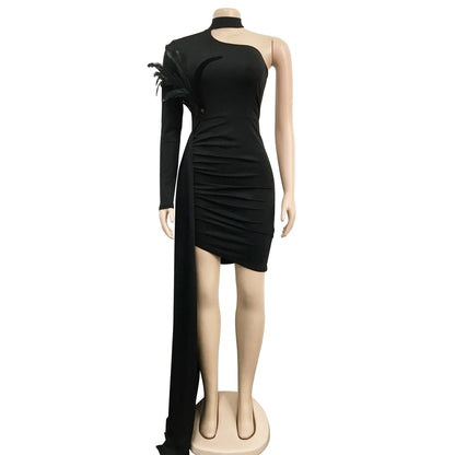Women Fashion Irregular Solid Color Feather Dress
