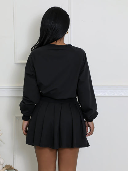 Women Casual Solid Color Long-Sleeve Sweatshirt Skirt Set