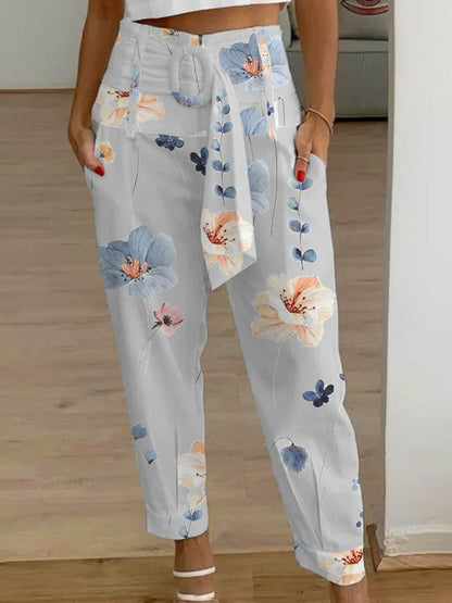 Pantalones casuales de lino con estampado floral de color liso de verano para mujer