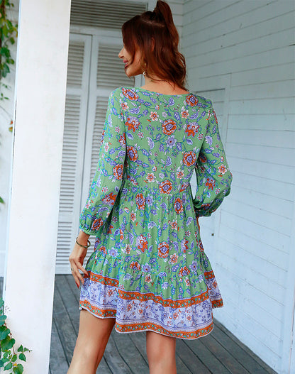 Vestido informal de vacaciones para mujer con cuello en V y manga larga