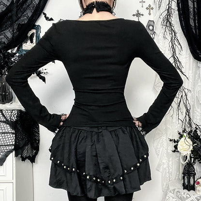 Women Fashion Gothic Lace Splicing Long-Sleeve T-Shirt