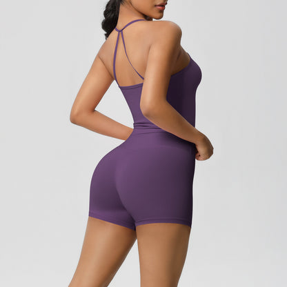 Conjunto de dos piezas de camiseta sin mangas informal con espalda descubierta y pantalones cortos ajustados para mujer