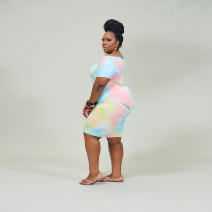 Women Casual Plus Size Tie-Dye Short-Sleeve T-Shirt Tight Shorts Two-Piece Set