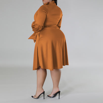 Women Fashion Causal Solid Color Long Dress with Bubble Sleeves