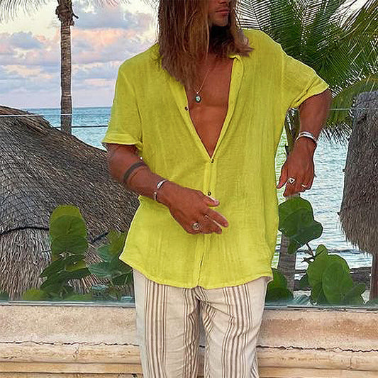 Camisa de manga corta de algodón de color liso para hombre, estilo casual y festivo