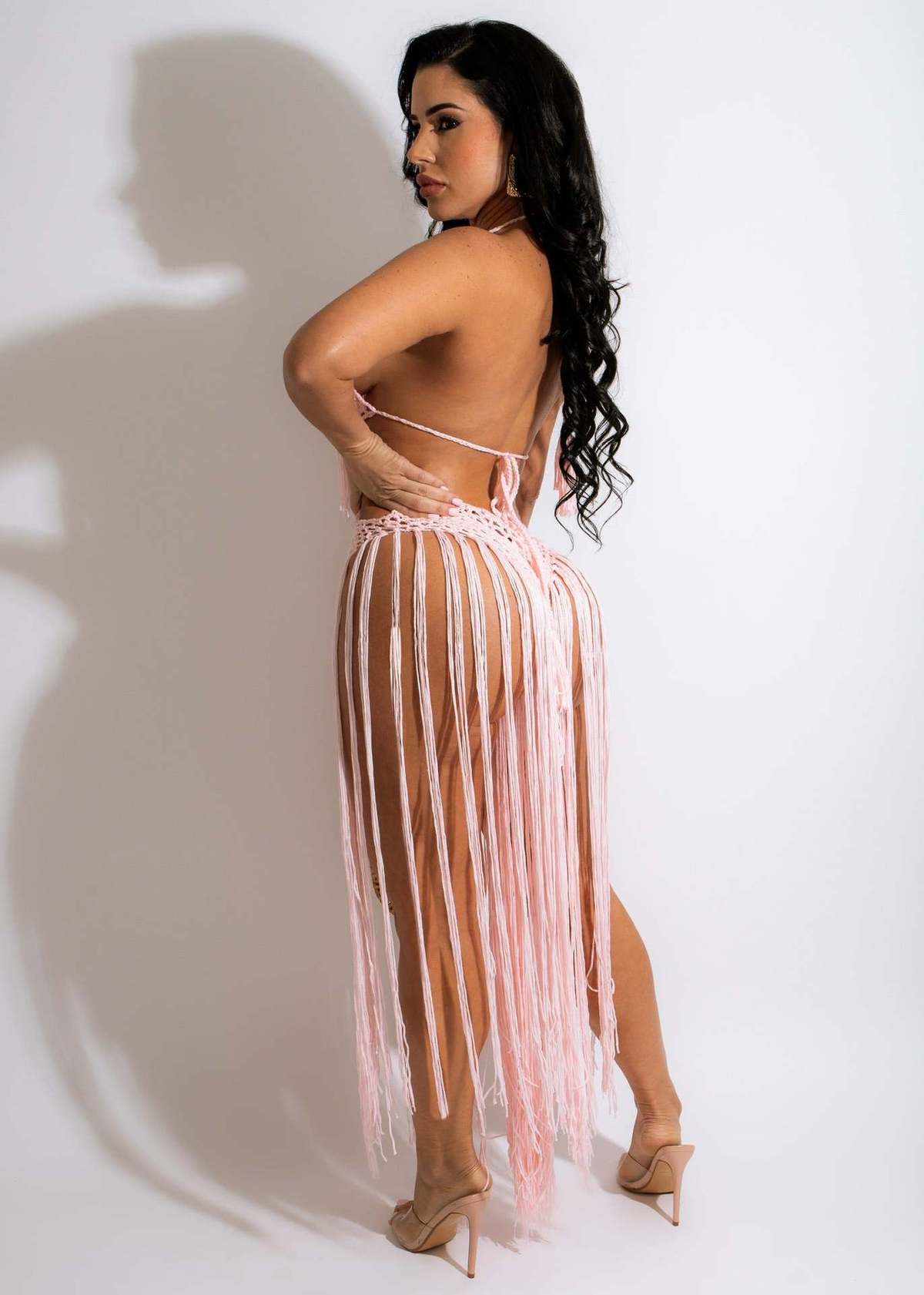 Traje de baño de moda para mujer, sexy, de color sólido, con cuello halter calado y borlas largas