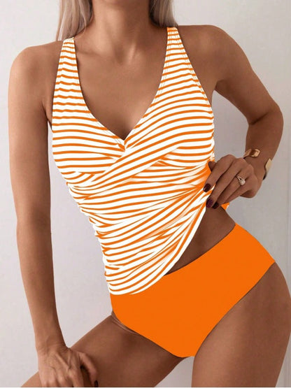 Maillot de bain tankini à rayures et col en V pour femme