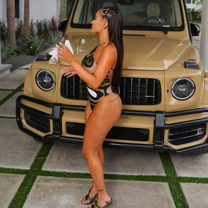 Maillot de bain dos nu sans manches à lacets et impression numérique pour femme