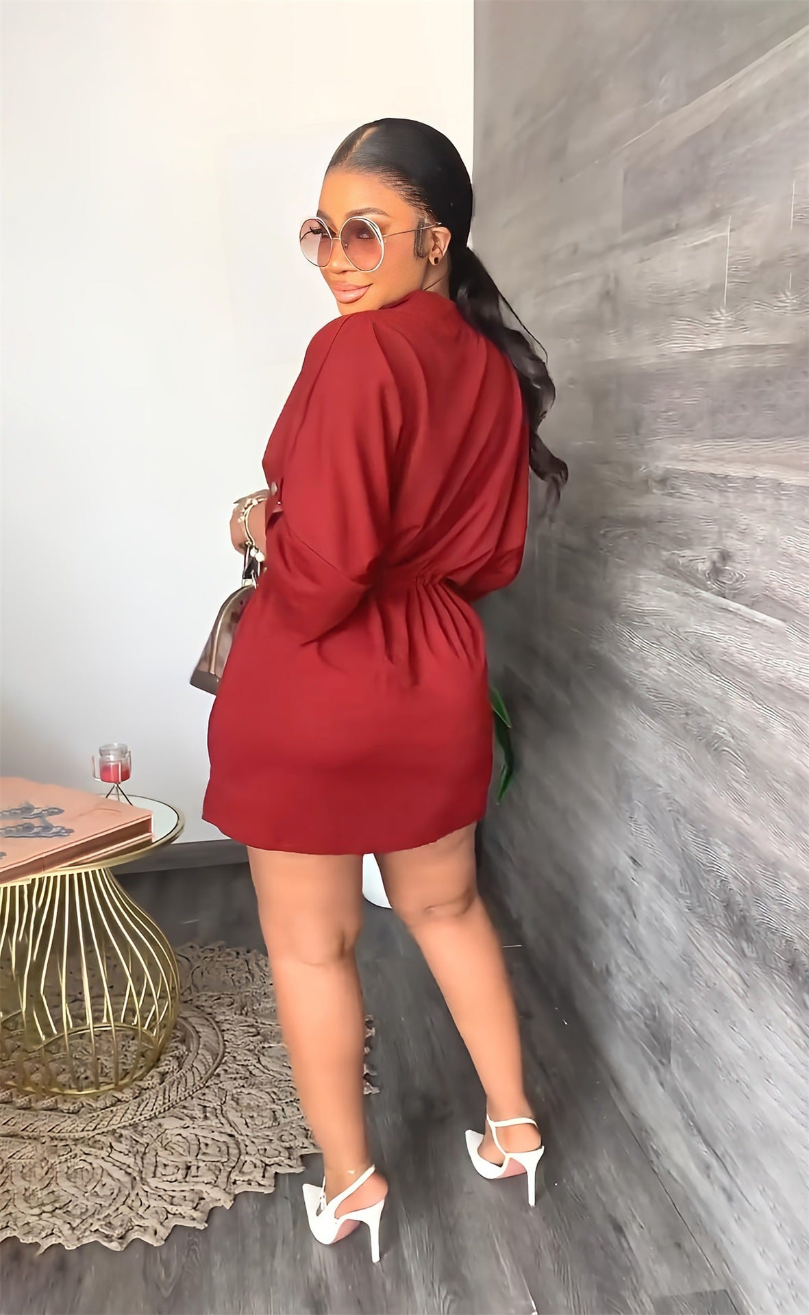 Women Fashion Casual Solid Color V-Neck Dress