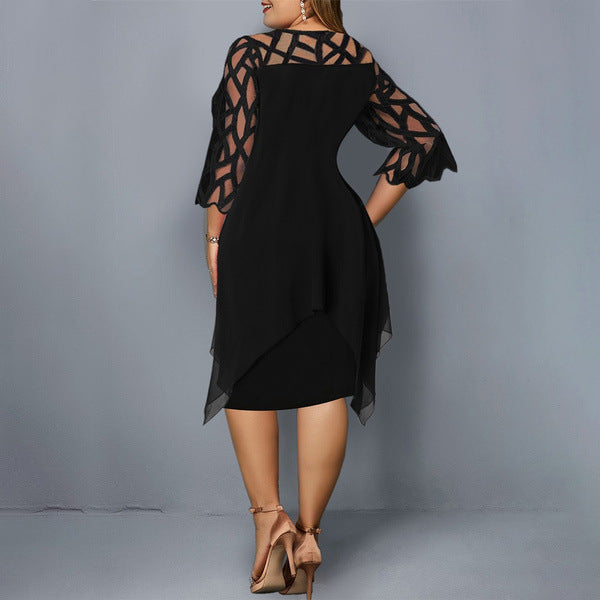 Vestido informal de gasa de manga larga con detalles de encaje para mujer, talla grande