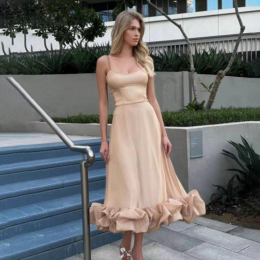 Women Fashion Elegant Solid Color Spaghetti Strap Dress