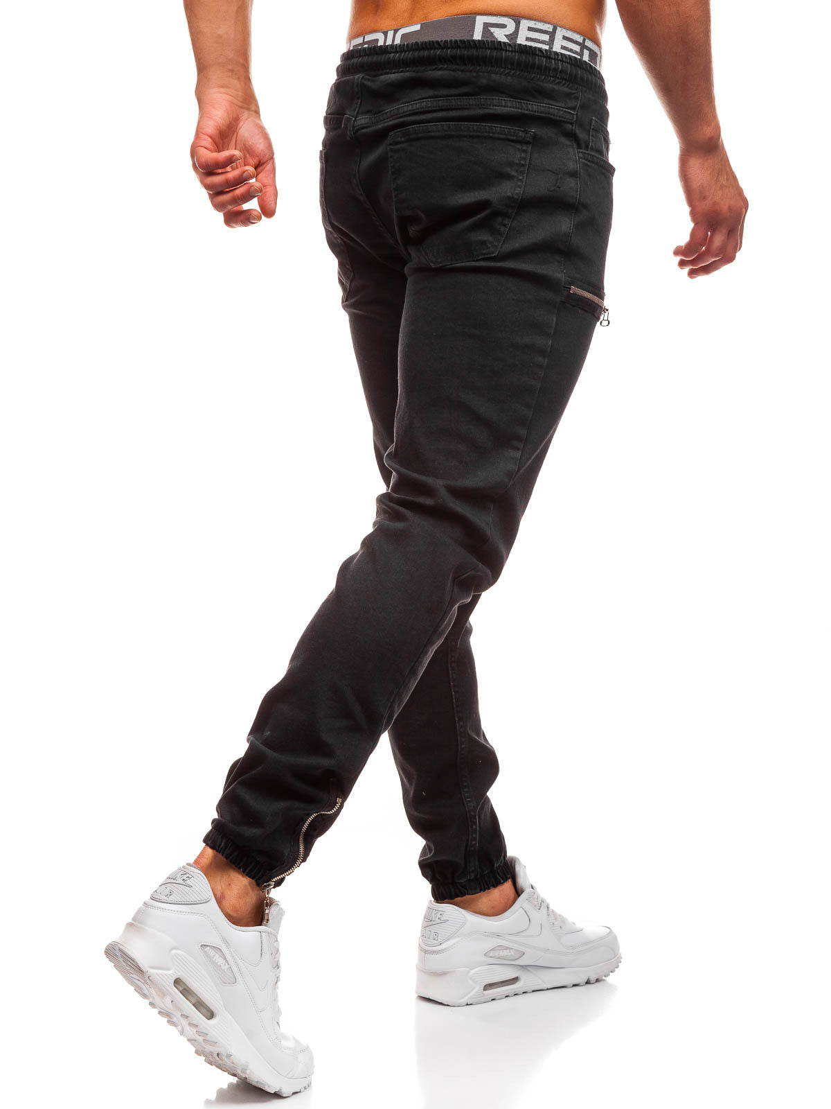 Pantalones casuales de mezclilla esmerilada con cremallera y cordón para hombre