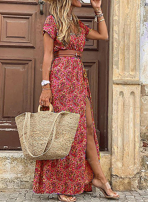 Women Fashion Bohemian V-Neck Tiny Flower Print Short Sleeve Maxi Dress