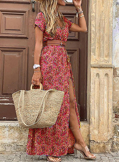 Women Fashion Bohemian V-Neck Tiny Flower Print Short Sleeve Maxi Dress