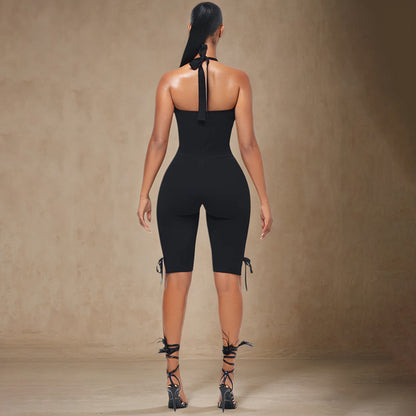 Women Solid Color Halter-Neck Backless Two-Piece Set with Bowknot Shorts