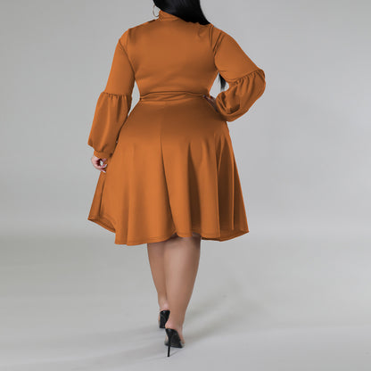 Women Fashion Causal Solid Color Long Dress with Bubble Sleeves