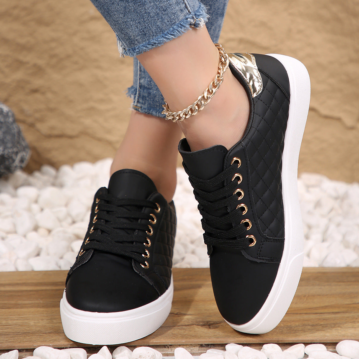 Chaussures plates décontractées à lacets et bout rond pour femmes, couleur unie